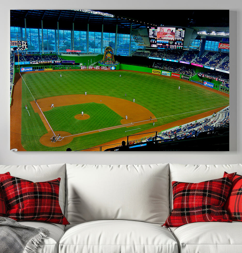 The living room features Miami Marlins wall art.