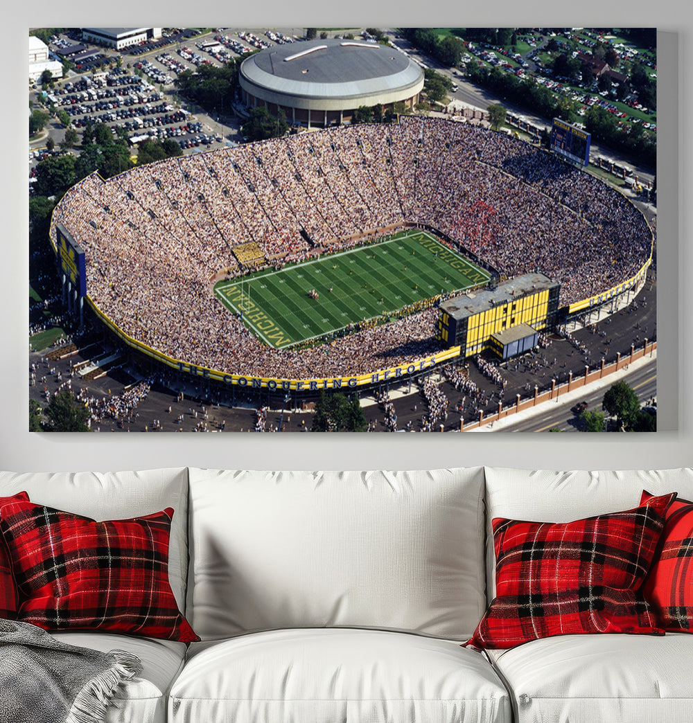 Aerial view of Michigan Wolverines college football culture on a stadium canvas wall art.