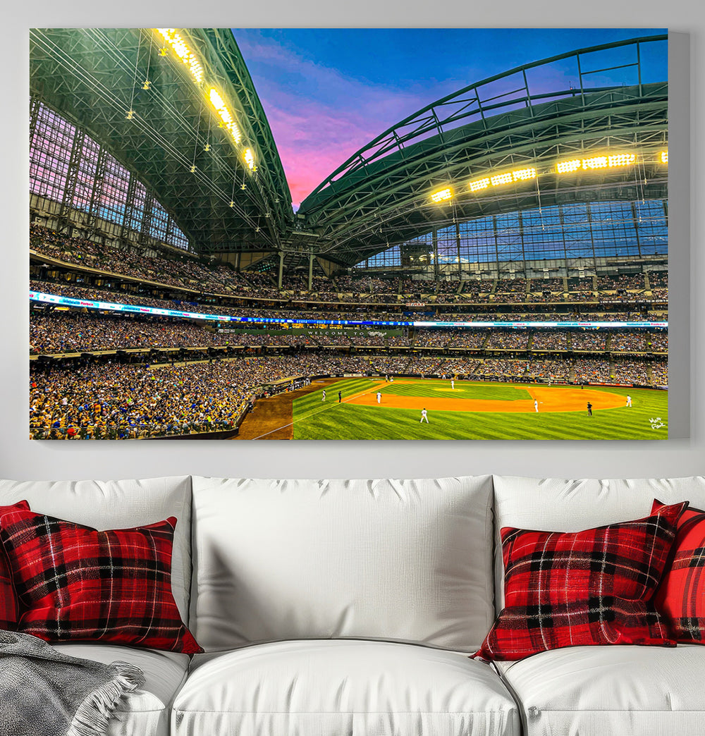 A premium canvas capturing the Milwaukee Brewers game at American Family Field features a stunning twilight sky visible through the open roof.