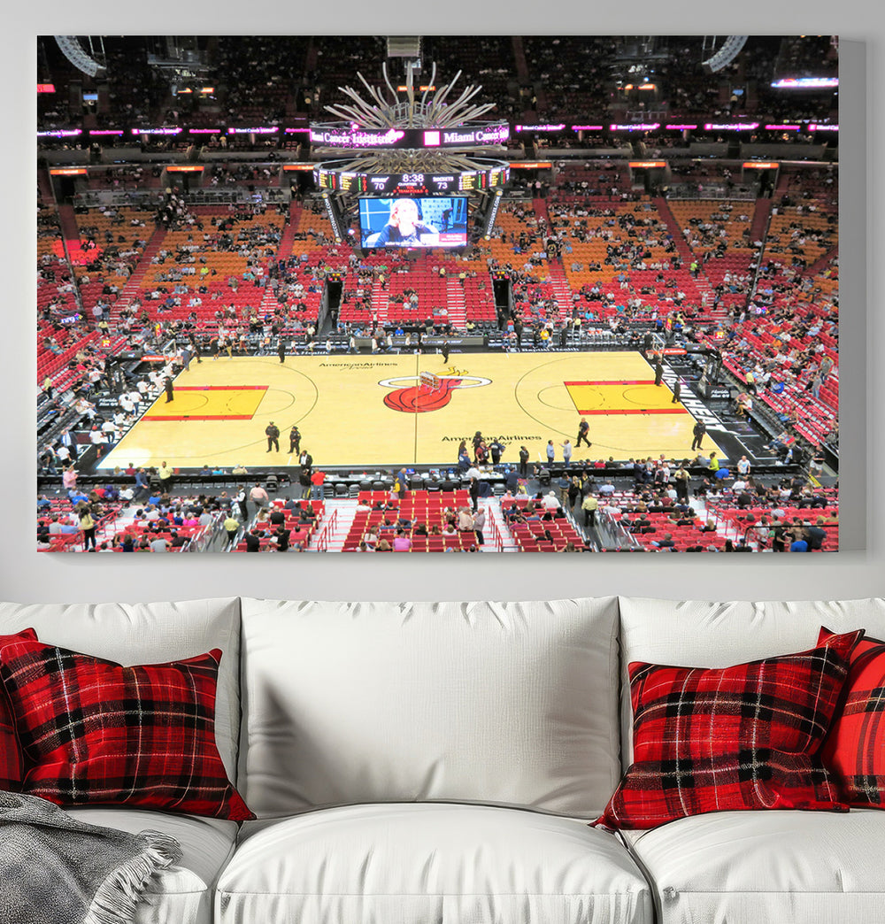 A Miami Heat Basketball Print showcases Kaseya Center Stadium Wall Art with a grand scoreboard.