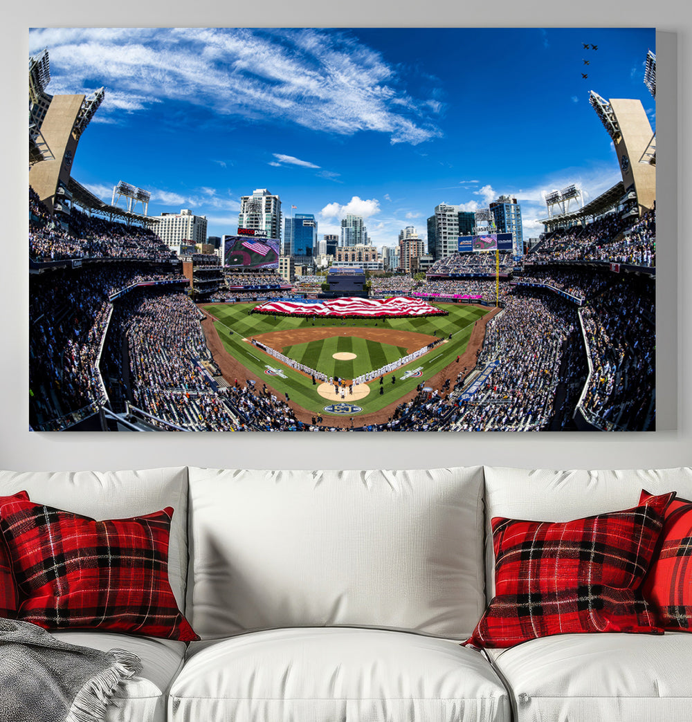 Wall art canvas print depicting an aerial view of Petco Park stadium filled with fans and a vibrant cityscape of San Diego Padres.