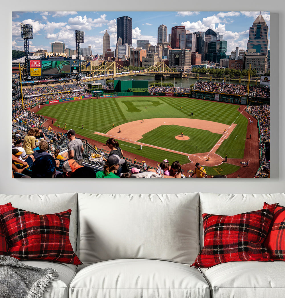 PNC Park Stadium canvas print features a lush field and city skyline, ready to hang.