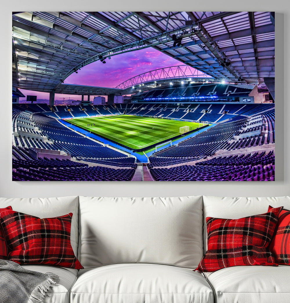 The FC Porto Soccer Team Dragon Stadium Wall Art Canvas Print decorates the room.