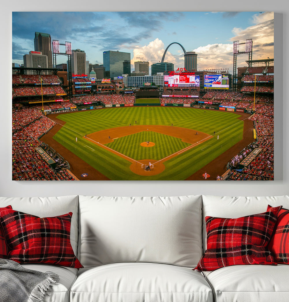 Canvas art of the St. Louis Cardinals Busch Stadium, capturing the citys skyline.