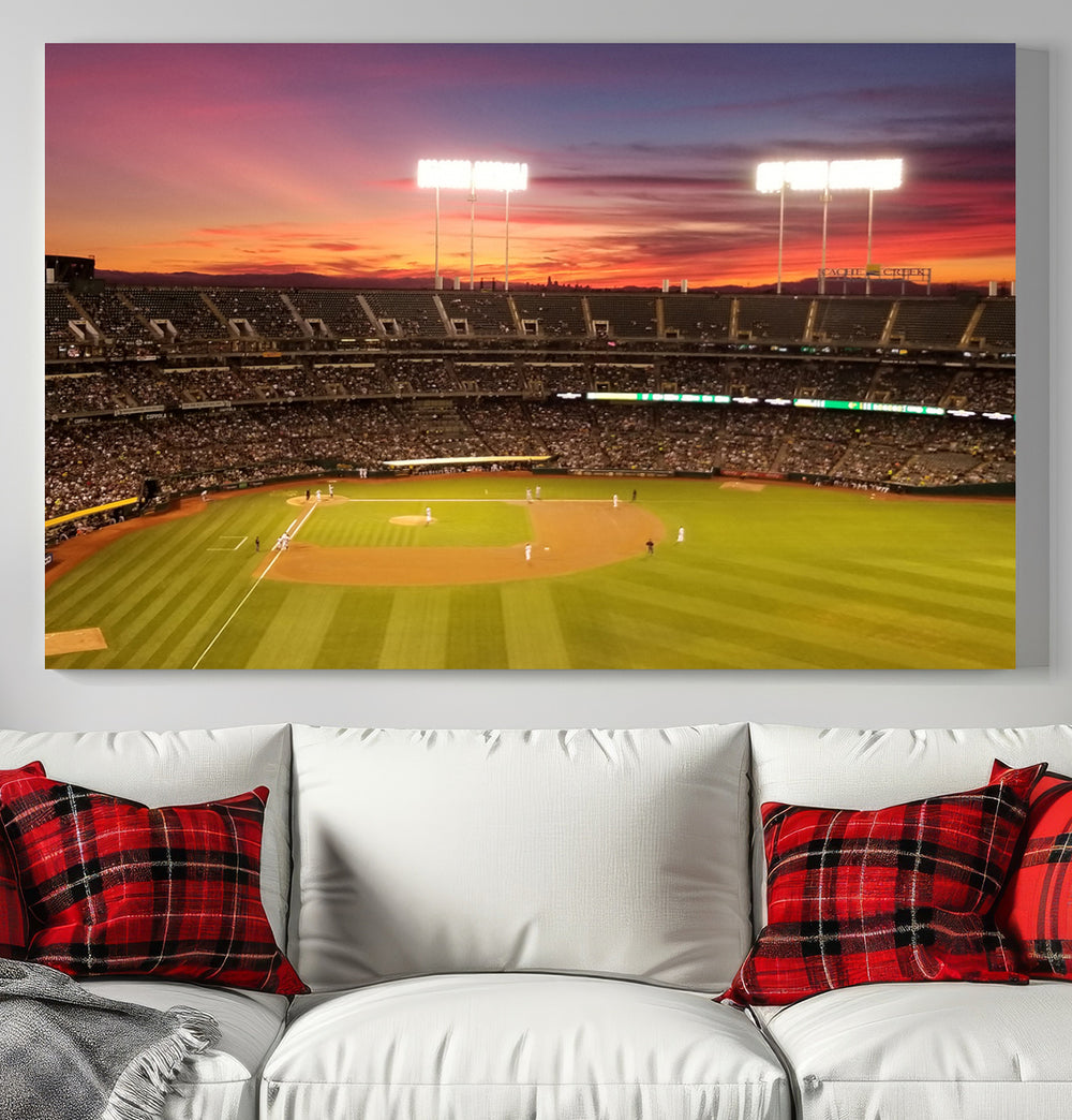 The Oakland Coliseum print is a museum-quality canvas depicting a full crowd and a sunset.