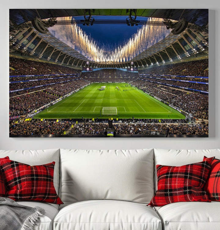 A stunning Tottenham Hotspur Stadium wall art captures the energy of a stadium packed with fans and vibrant lights.