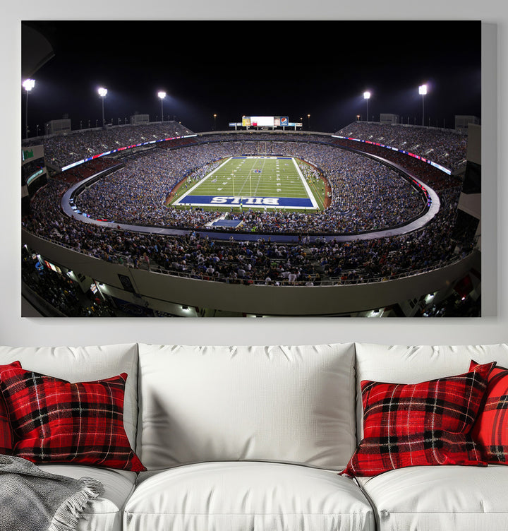 The Buffalo Bills NFL Highmark Stadium at night print captures the bright lights, conveying an exhilarating atmosphere.