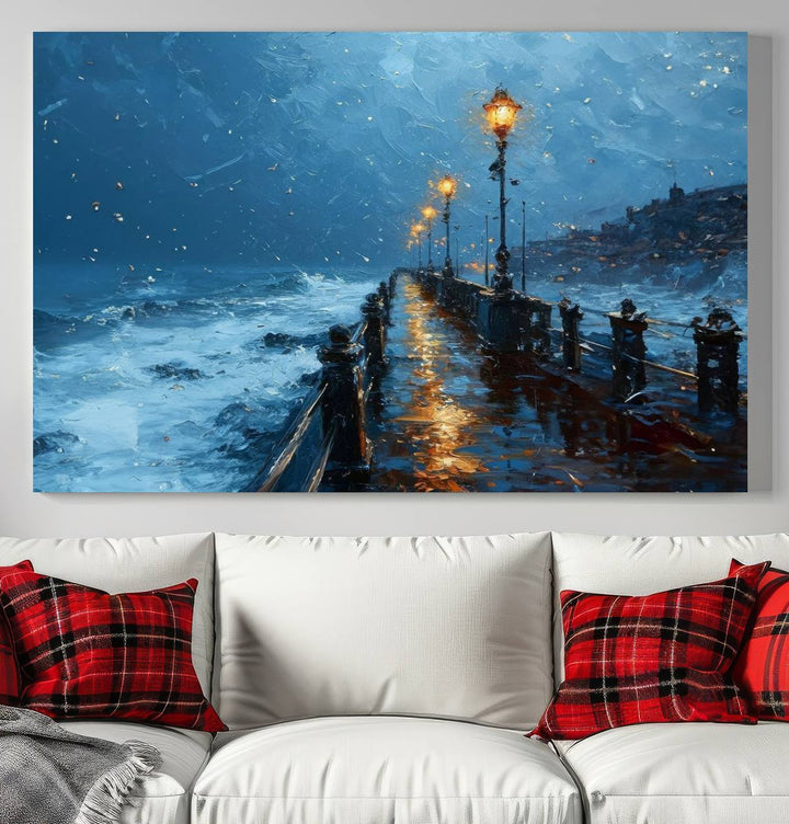 Framed 3-Panel Seaside Night Pier Oil Painting Canvas Wall Art | Ready to Hang Coastal Landscape Art for Modern Living Room, Office, or Bedroom Decor