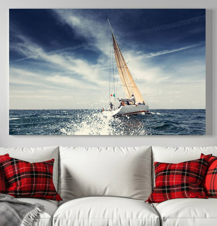 Sailboat Ocean Beach Blue Sky Wall Art Canvas Print