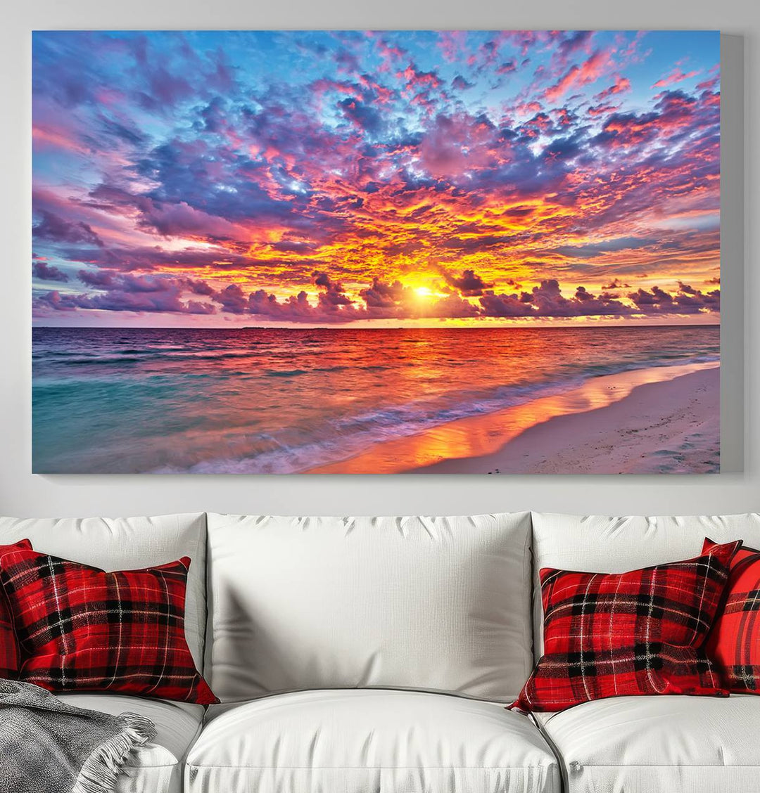 Vibrant Sunset Beach Wall Art | Ocean Sunset Canvas Print | Coastal Wall Art Decor | Ready to Hang | Stunning Sunset Scene for Home or Office Decor