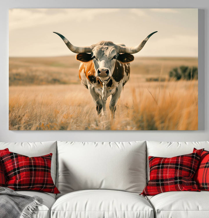 The Texas Cow Longhorn Wall Art Canvas adds rustic charm to the decor.