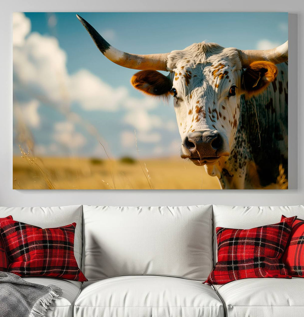 The Longhorn in the Prairie triptych cowboy wall art is ideal for western decor.