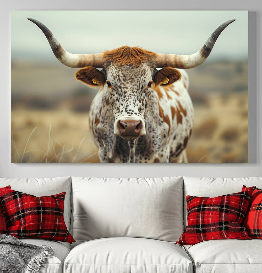 The Texas Cow Longhorn Canvas Print hangs, adding Western elegance.