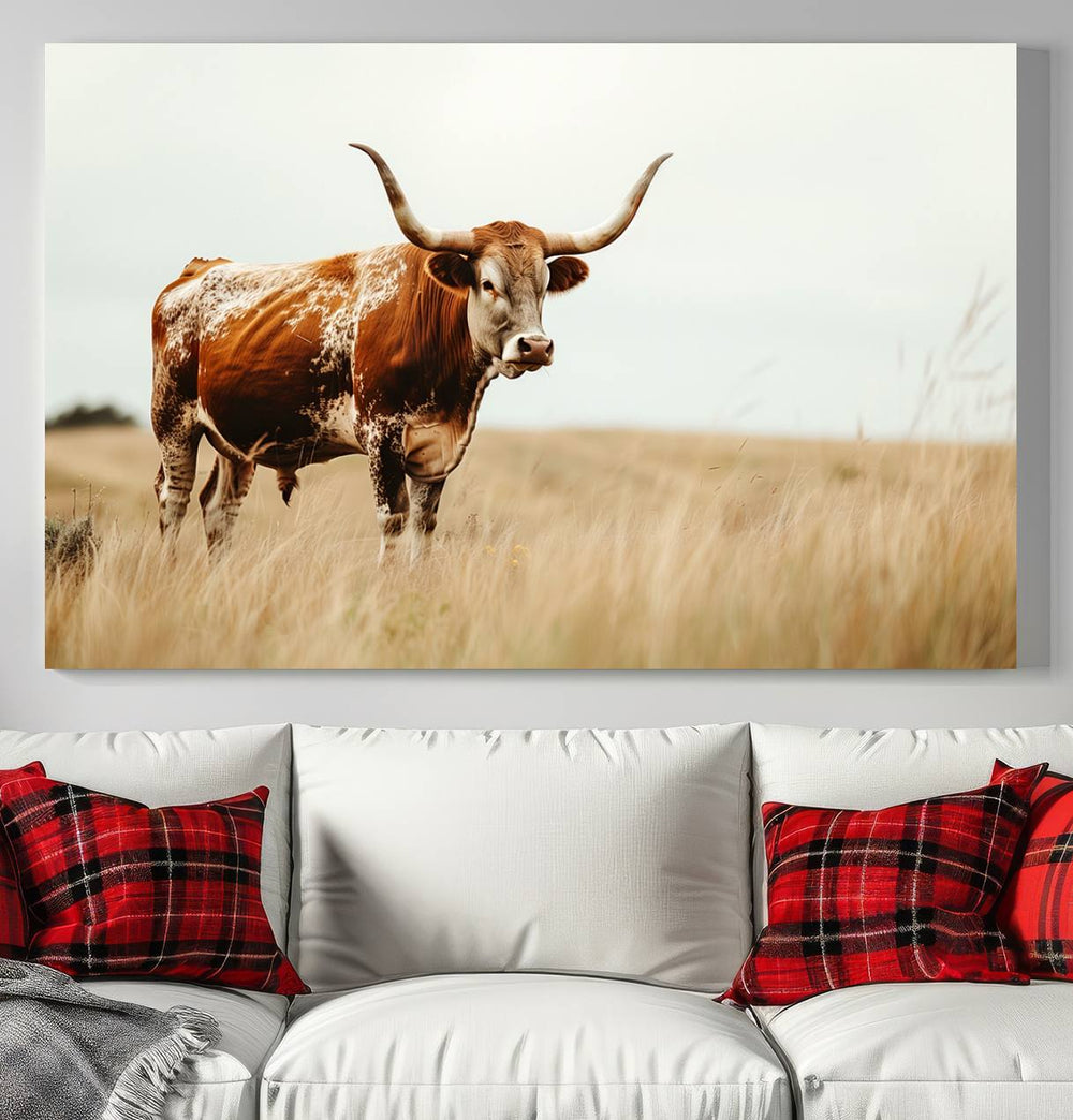 The Texas Longhorn canvas wall art print enhances a rustic farmhouse decor setting.