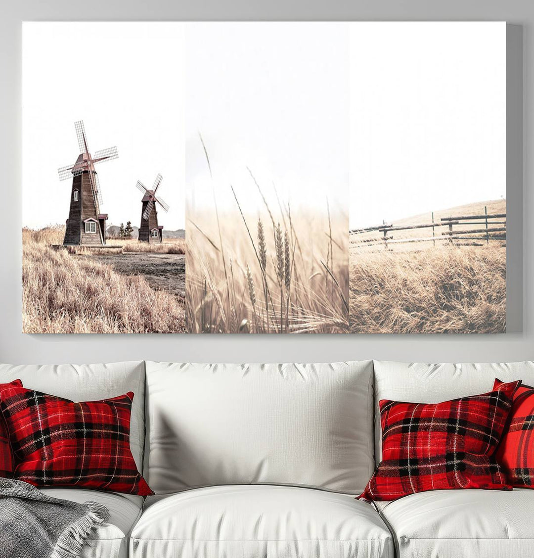 Farmhouse wall art set: 3 giclee canvas prints featuring windmills and wheat fields.