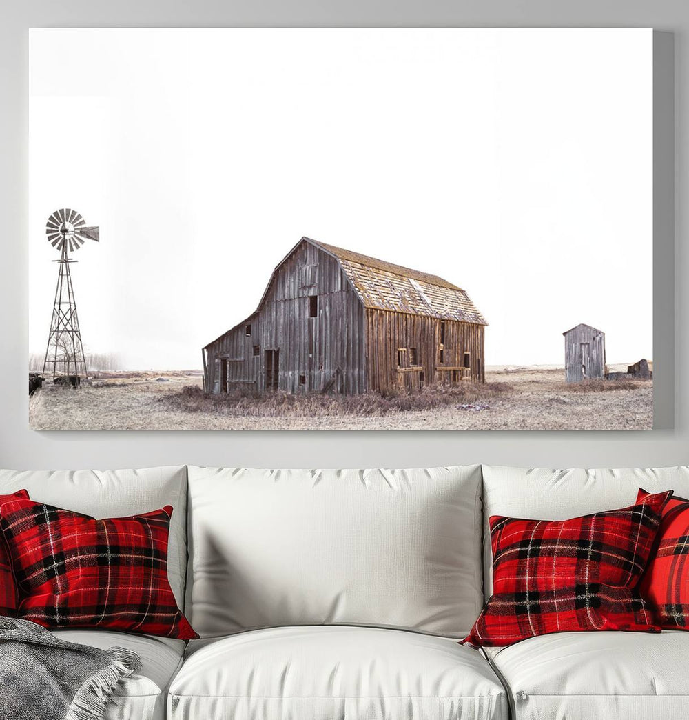 The Set of 3 Rustic Farmhouse Wall Art Prints features a barn, wheat field, and landscape.