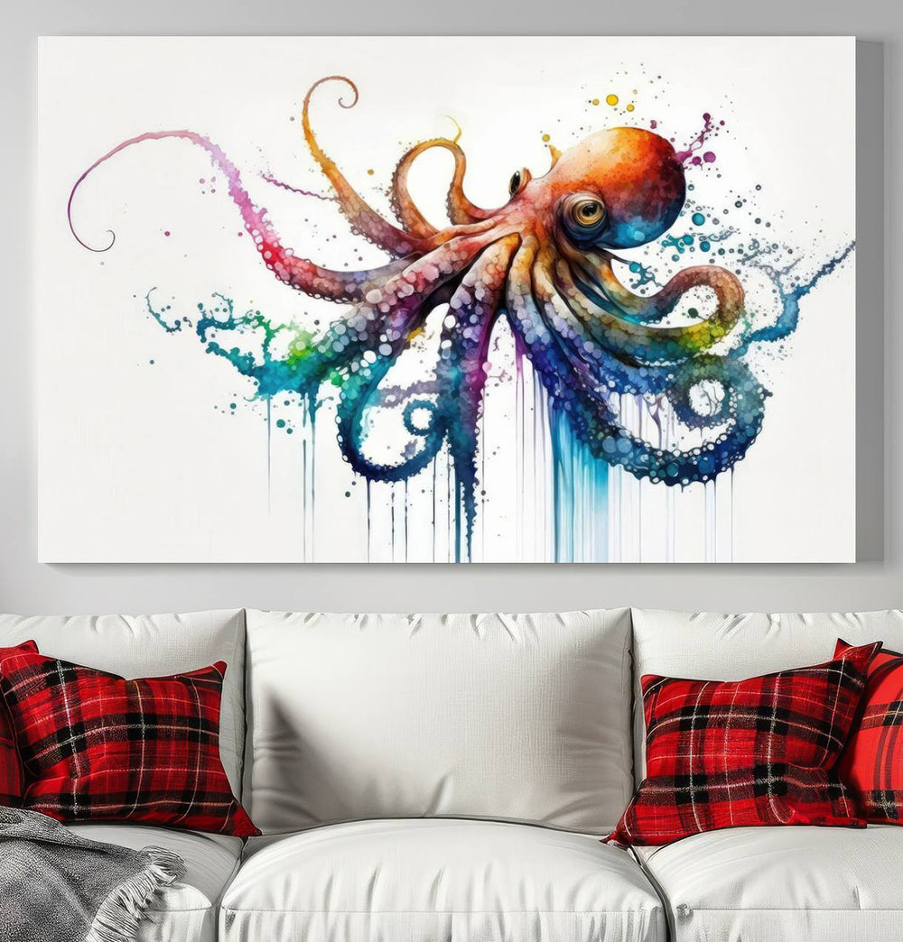 A vibrant Octopus Wall Art Canvas Print features a colorful marine creature.