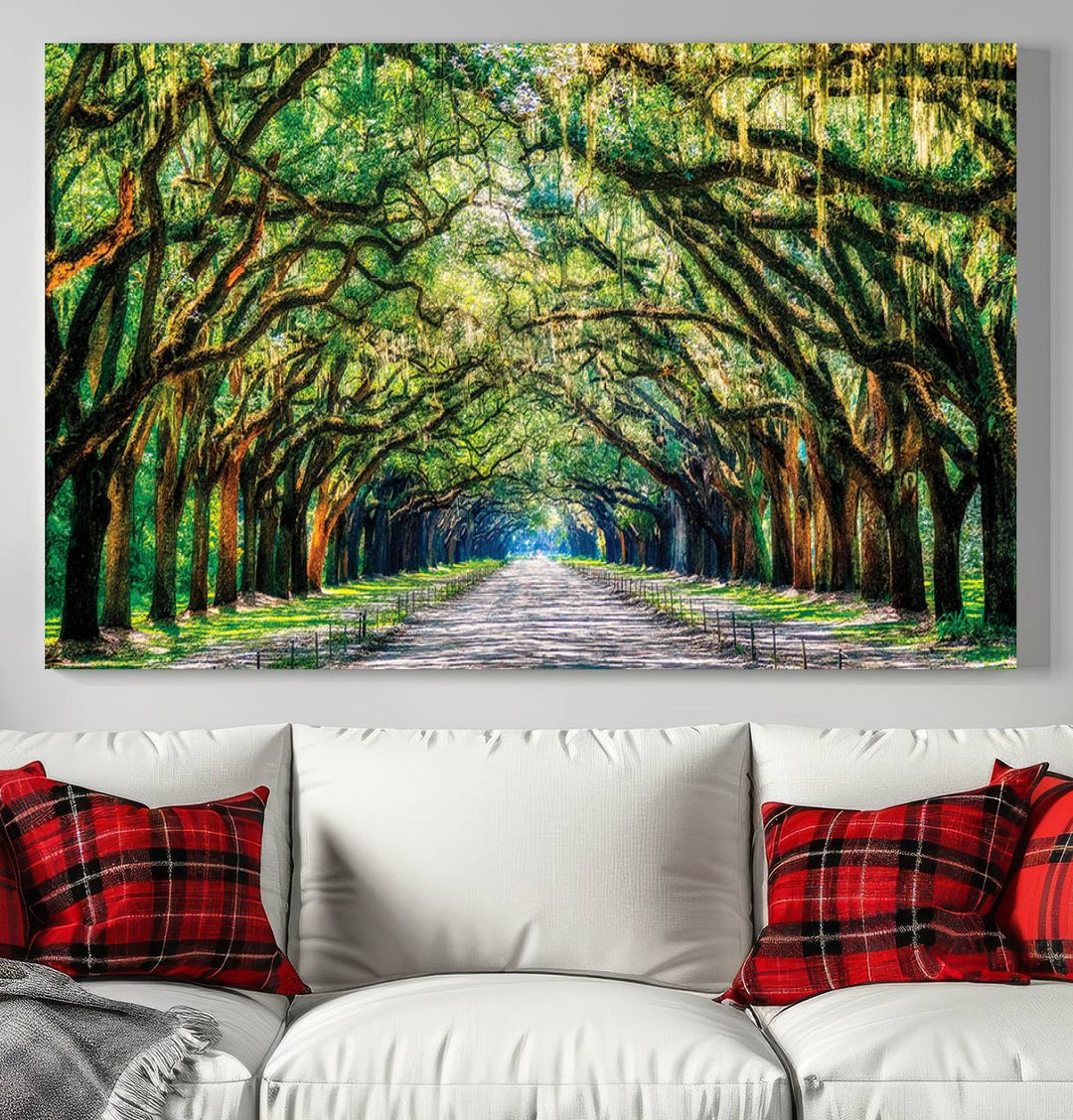 Serene Tree Tunnel Wall Art Canvas Print – Pathway Under Canopy of Lush Green Trees, Nature-Inspired Decor for Living Room – Ready to Hang