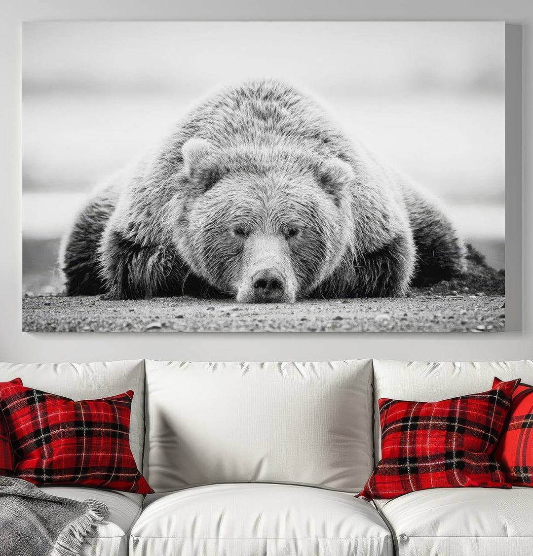 Resting Bear Wall Art Canvas Print – Majestic Lazy Black and White Wildlife Bear Art, Perfect for Nature-Inspired Home Decor – Ready to Hang