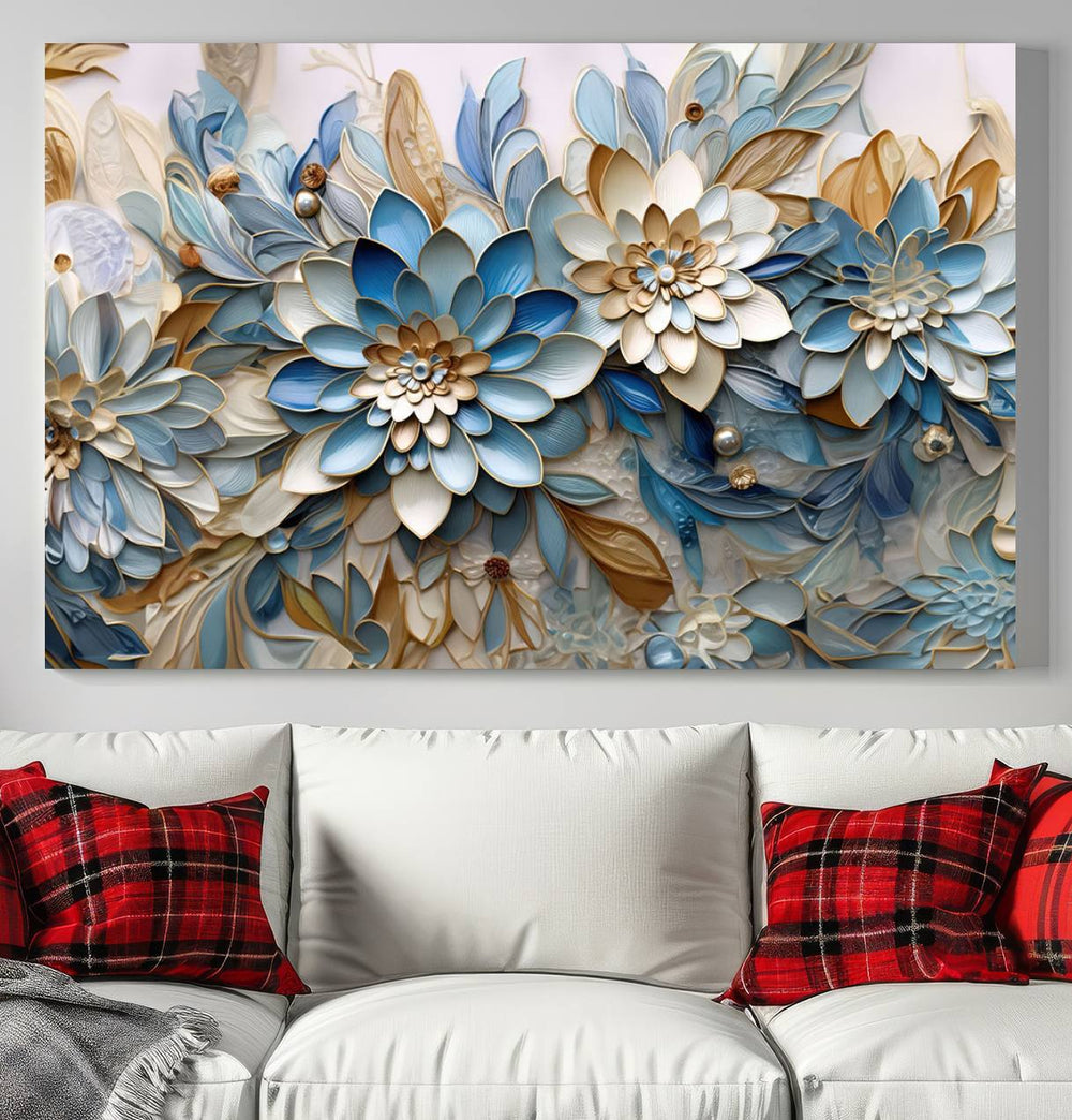 Blu Abstract Flower Canvas with blue, white, and gold petals—perfect home decor.