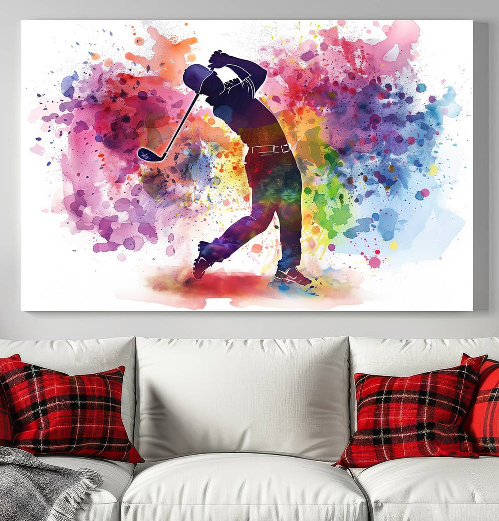 Modern decor: The Colorful Golfer Swing Wall Art Canvas Print hangs prominently on the wall.