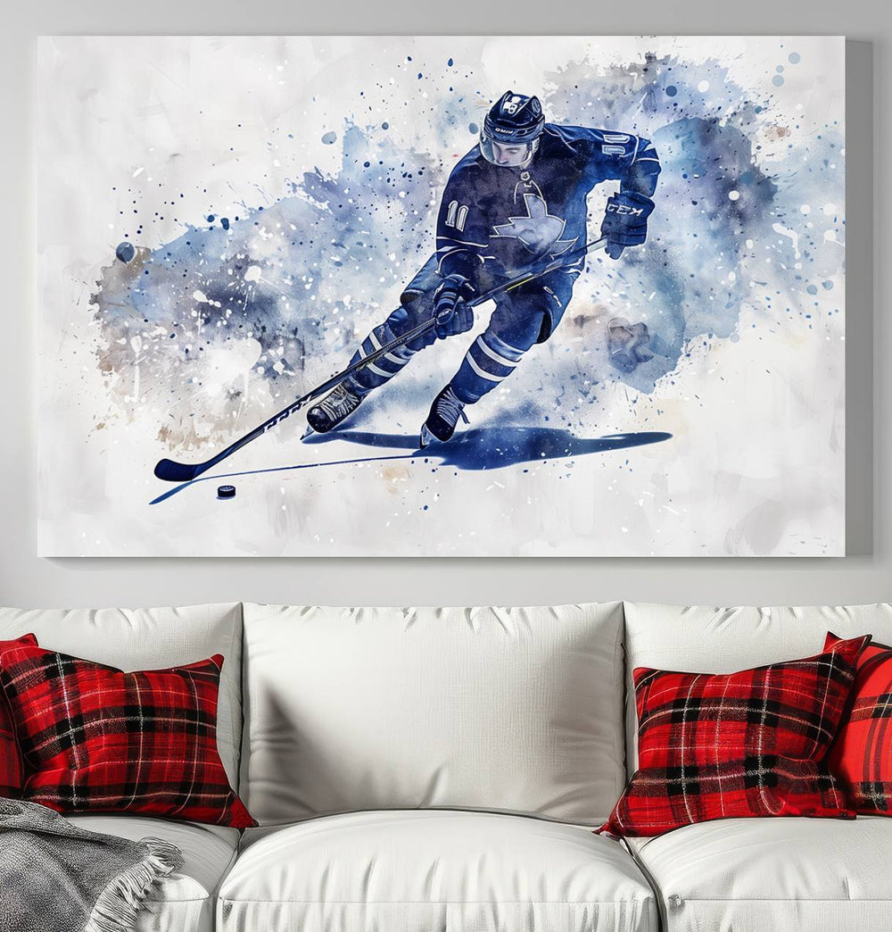 Vibrant Hockey Player Wall Art Display: Blue watercolor print.