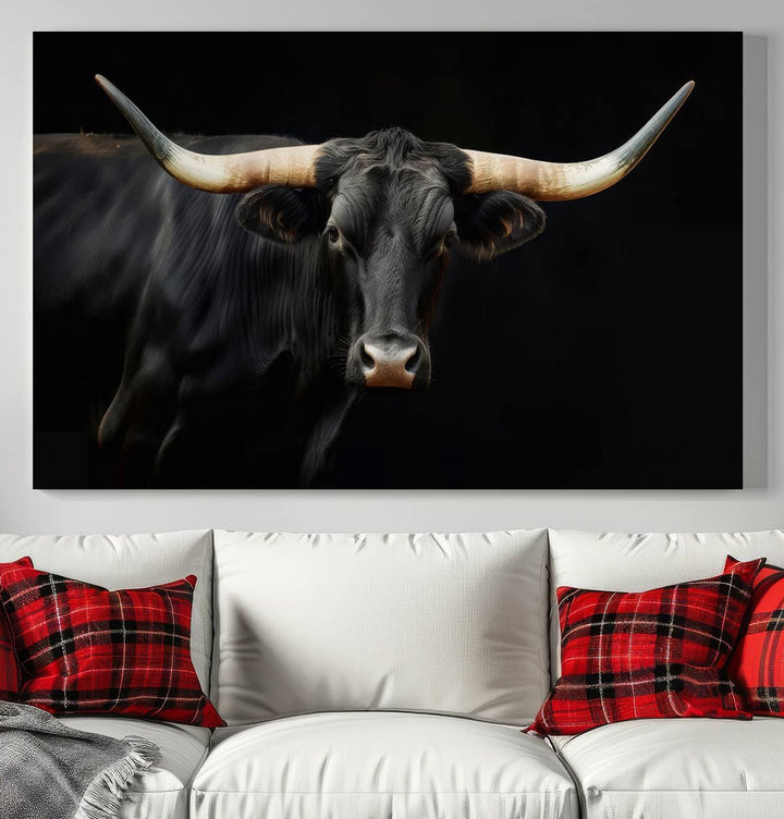 Texas Longhorn Cow | Majestic Black Bull Wall Art Canvas Print - Farmhouse Animal Decor - Ready to Hang