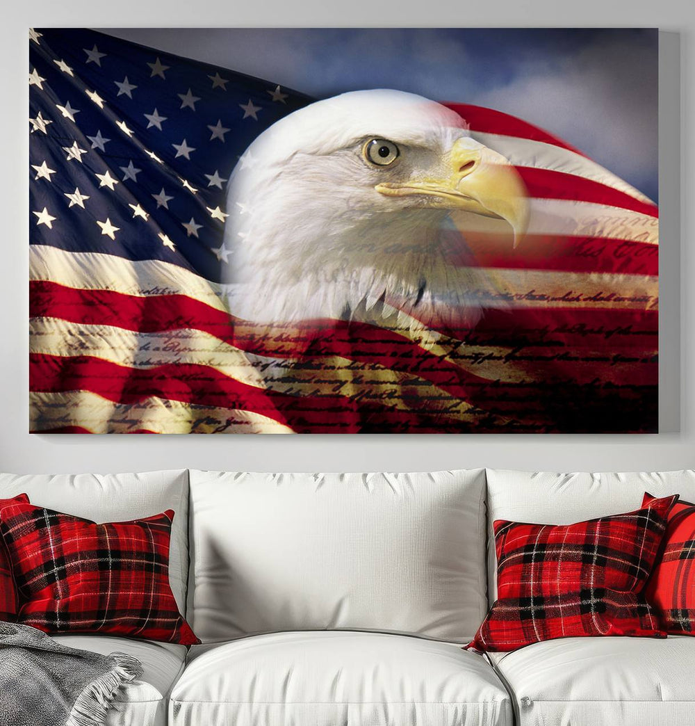 On the wall is an American Flag Eagle Symbol Wall Art Canvas Print.