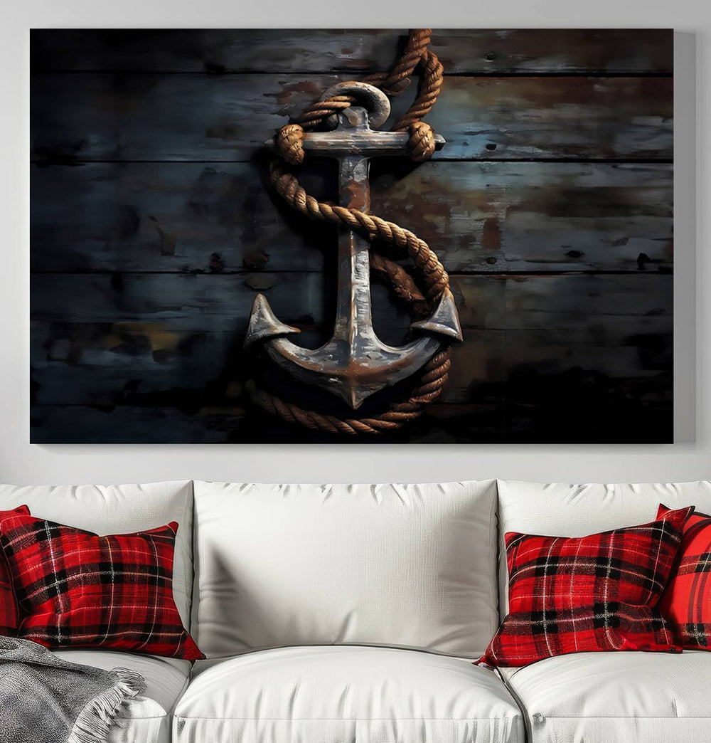 The wooden wall displays a 3 Panel Grunge Abstract Anchor Wall Art Canvas Print Set.