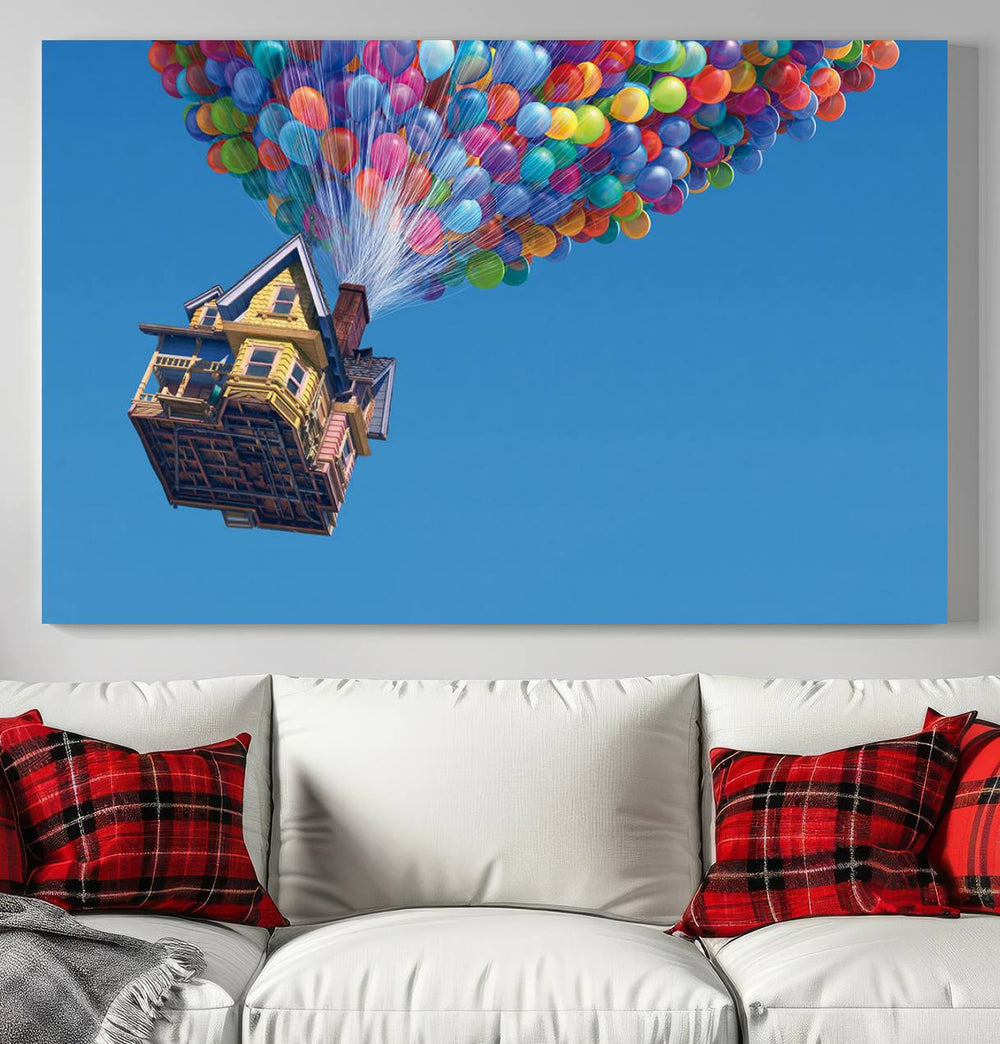 The Up house floats skyward, making it an ideal Carl Fredricksen wall art for kids rooms.