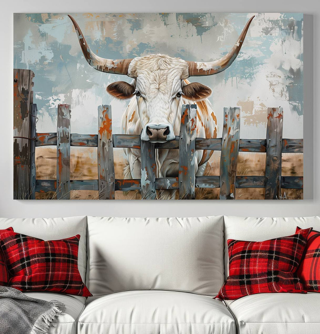 A beautifully rendered "Vintage Cow Wall Art Canvas Print" featuring a longhorn cow behind a rustic wooden fence adorns the wall, perfectly complementing the farmhouse decor theme.