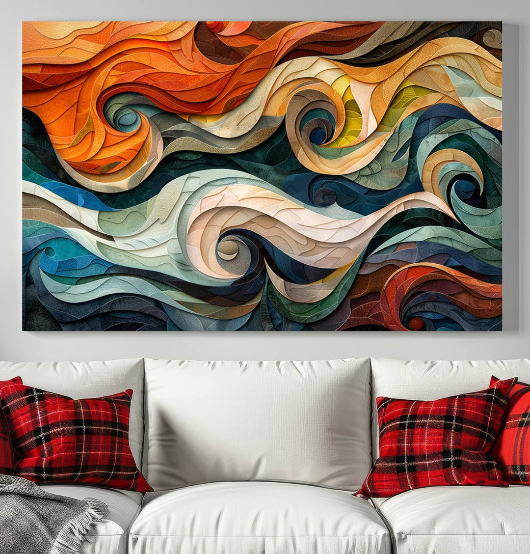 Abstract Wave Wall Art is a ready-to-hang framed canvas print featuring swirling orange, blue, and white patterns. It's perfect for adding vibrant decor to modern spaces.