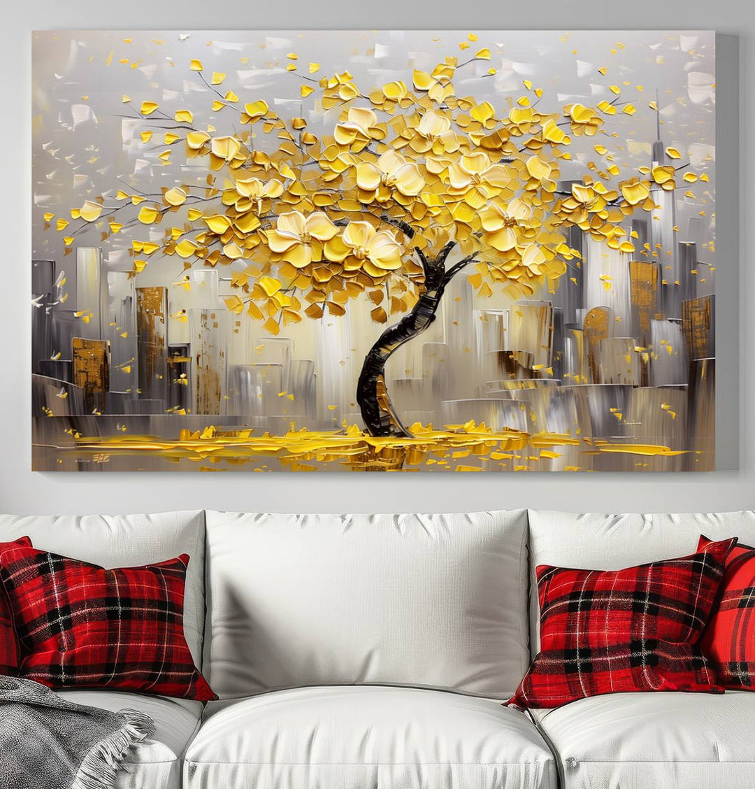 A framed canvas print from the "Golden Tree Canvas Print | Abstract Wall Art for Modern Homes | Ready to Hang Framed Artwork" collection hangs elegantly against the dark wall, epitomizing exquisite abstract wall art.