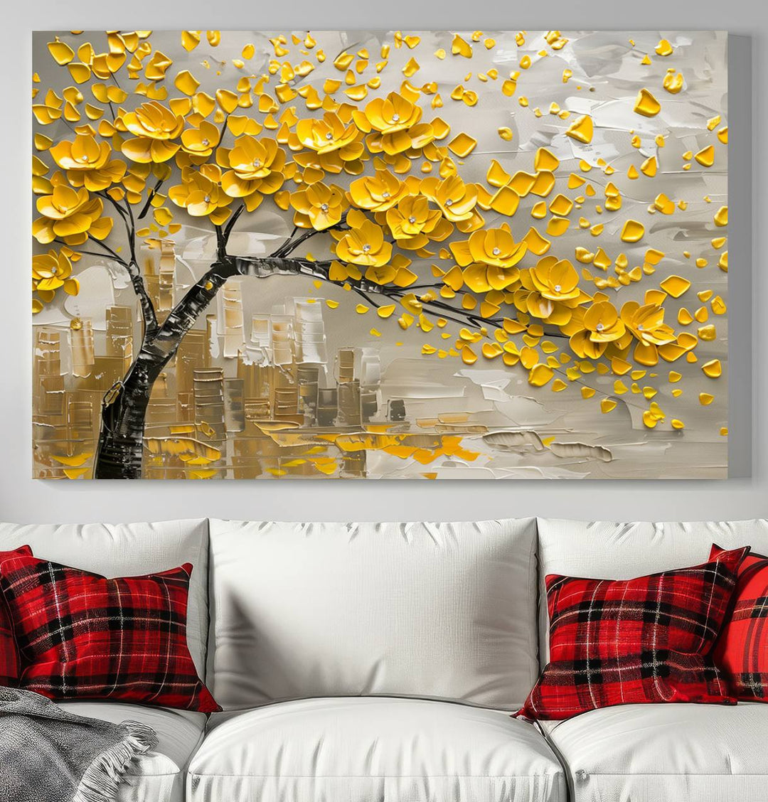 Yellow Blossom Tree Canvas Wall Art, featuring a floral abstract modern design, is elegantly displayed against a dark wall. This sophisticated piece enhances the contemporary aesthetic of the space.