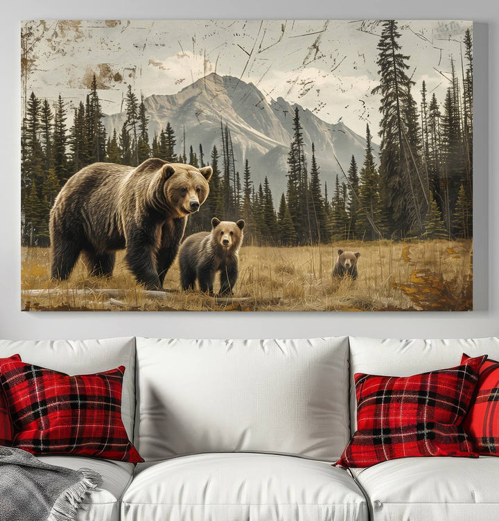 Rustic Grizzly 399: Bear Family Wall Art Canvas Print.