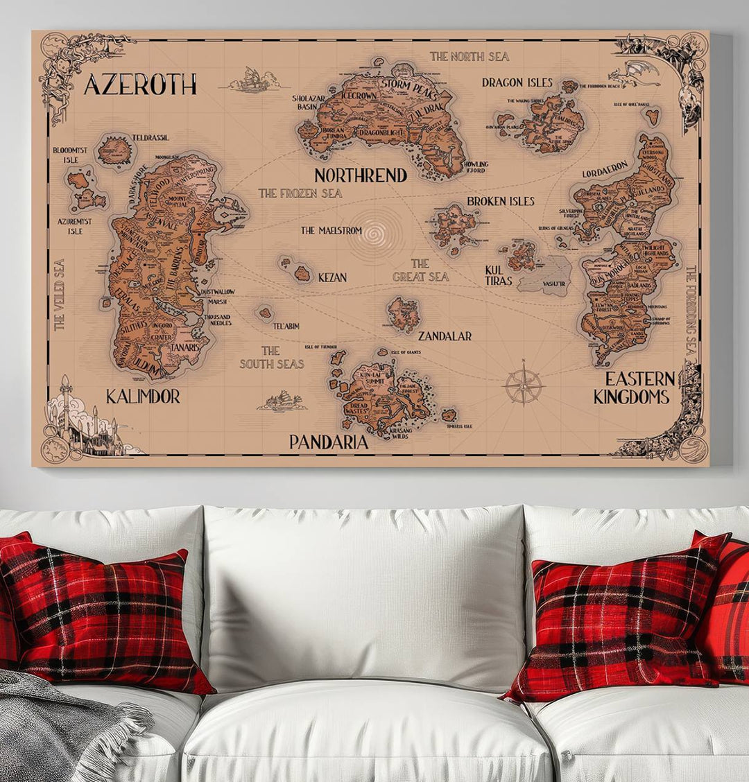 The Vintage Azeroth World Map Canvas Print, a stunning three-piece set, enhances the space with its vintage charm, perfectly complementing your gaming decor.