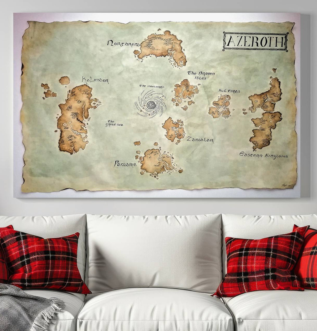 The Azeroth World Map Wall Art Canvas Print, a three-panel vintage piece, brings a cozy fantasy gaming atmosphere to the room.