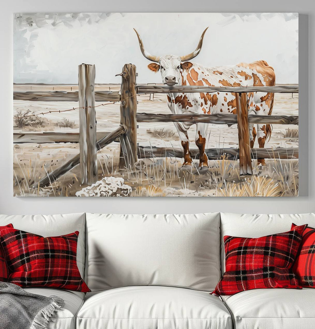 The Abstract Longhorn Cow Wall Art, a ready-to-hang framed canvas print, adds rustic charm and perfectly captures the essence of rural elegance.