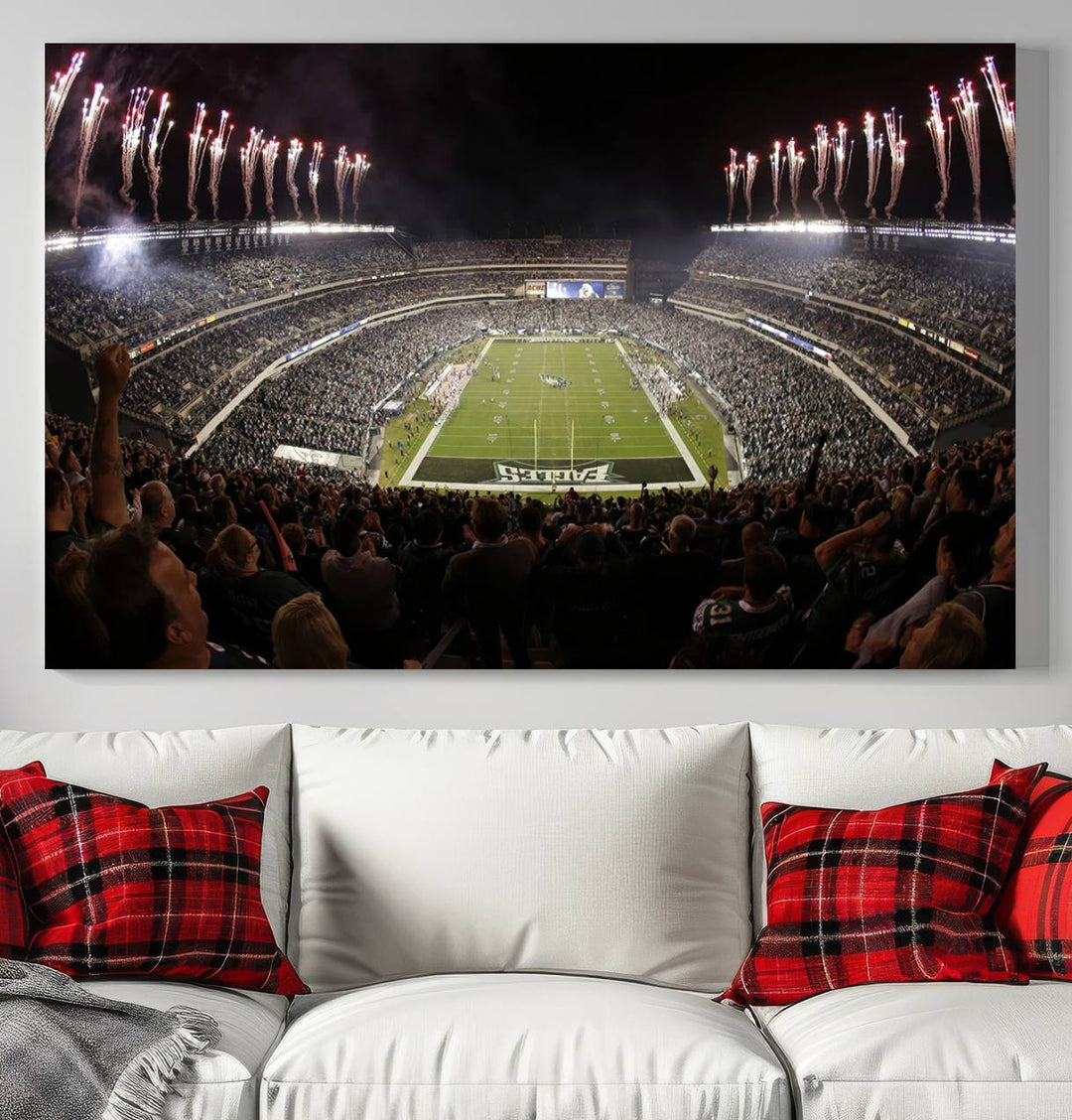 The living room features a spectacular Philadelphia Eagles Football Team Print. This wall art canvas print of Lincoln Financial Field at night captures a Philadelphia Eagles game under the dazzling brilliance of fireworks, making it an eye-catching centerpiece.