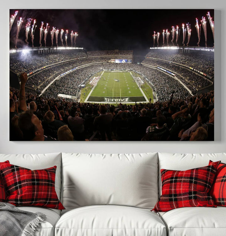 The living room features a spectacular Philadelphia Eagles Football Team Print. This wall art canvas print of Lincoln Financial Field at night captures a Philadelphia Eagles game under the dazzling brilliance of fireworks, making it an eye-catching centerpiece.