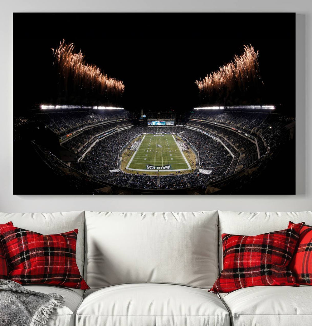 Eagles Stadium Wall Art depicting a nighttime game and fireworks at Lincoln Financial Field.