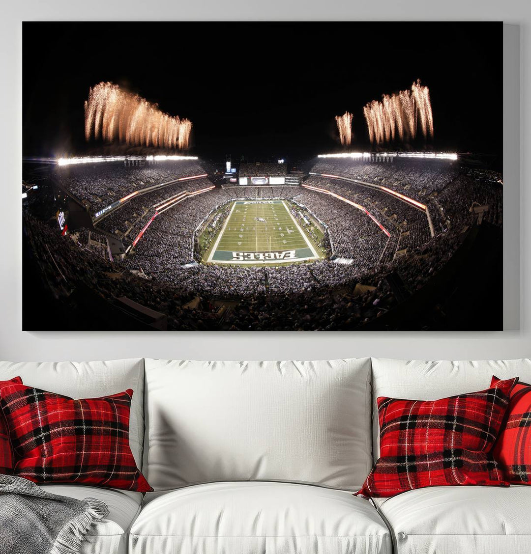 Experience the breathtaking Lincoln Financial Field Fireworks Game captured in this triple canvas wall art. A must-have for any Philadelphia Eagles fan!