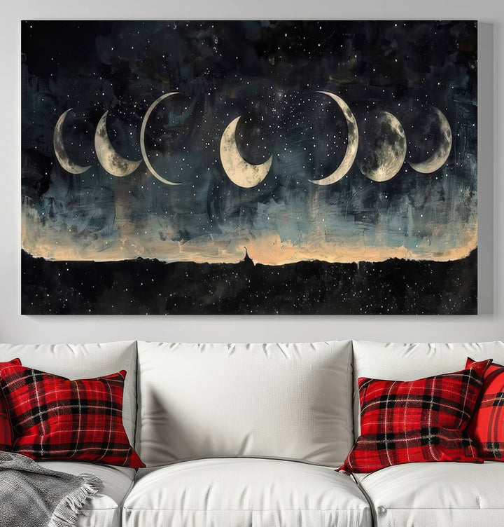 The "Phases of the Moon Wall Art," a framed canvas series capturing the celestial beauty of lunar cycles against a starry night, adds an elegant touch to the contemporary dining room.