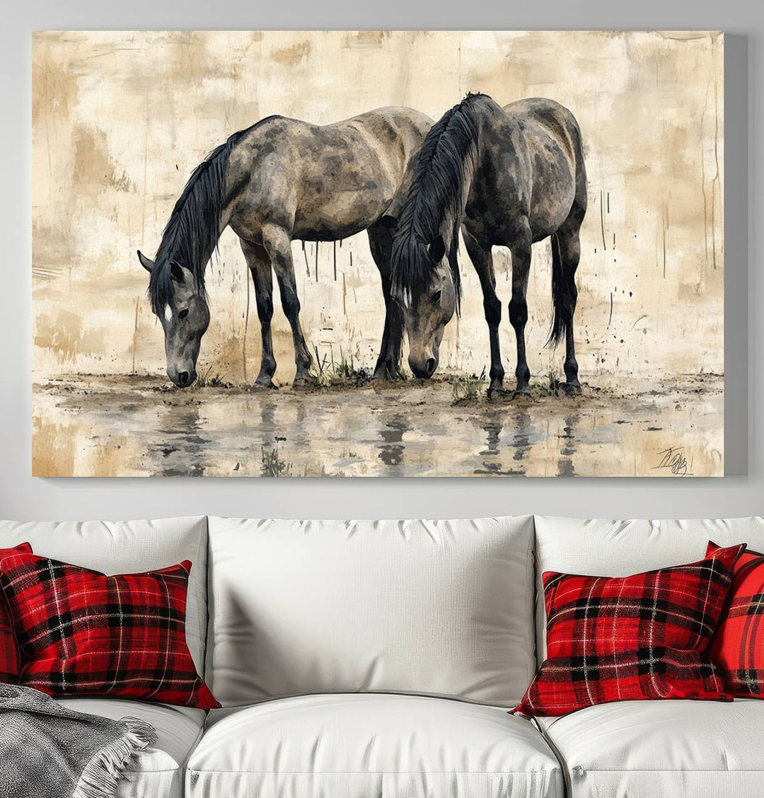 Chines Ink Style Black Horses Wall Art Canvas Print features a triptych painting of two horses drinking at the water's edge.