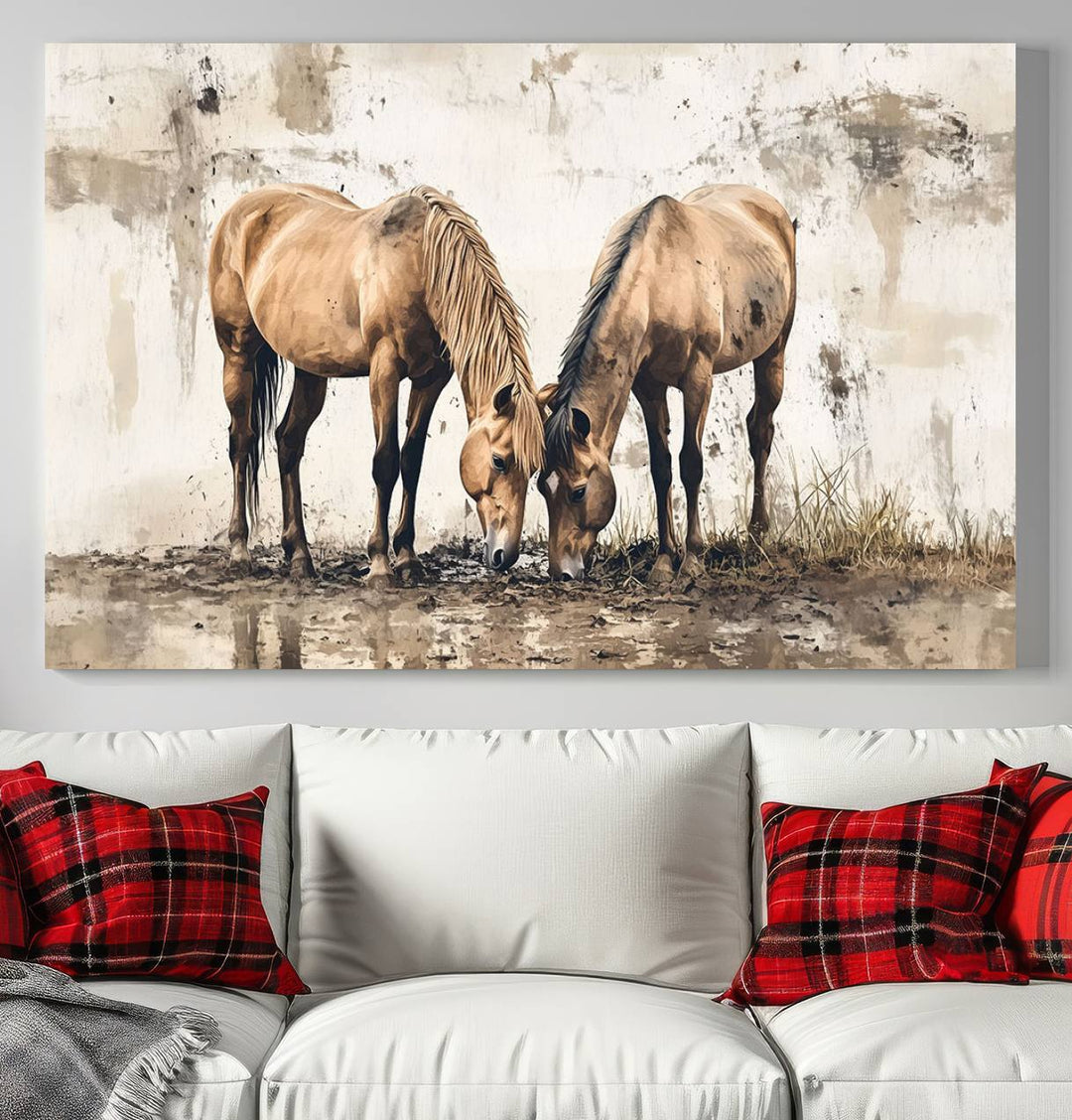 The Vintage Horses Wall Art, a ready-to-hang and framed triptych, beautifully captures two horses gracefully grazing. It perfectly complements the rustic charm of western farmhouse wall decor.