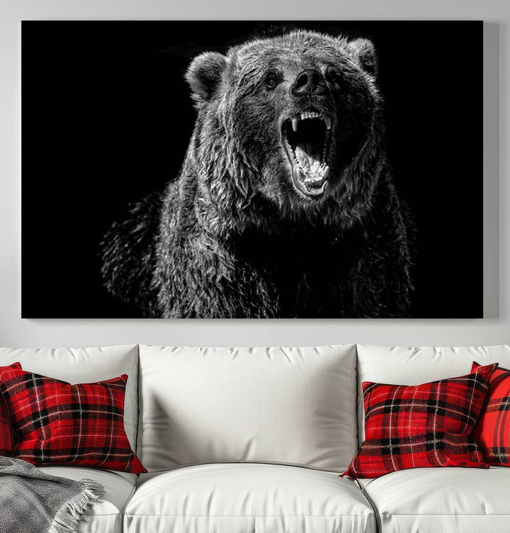 A striking Bear Canvas Print, perfect for cabin decor and ready to hang, is displayed in the modern living room, adding a touch of wildlife art to the sleek design.