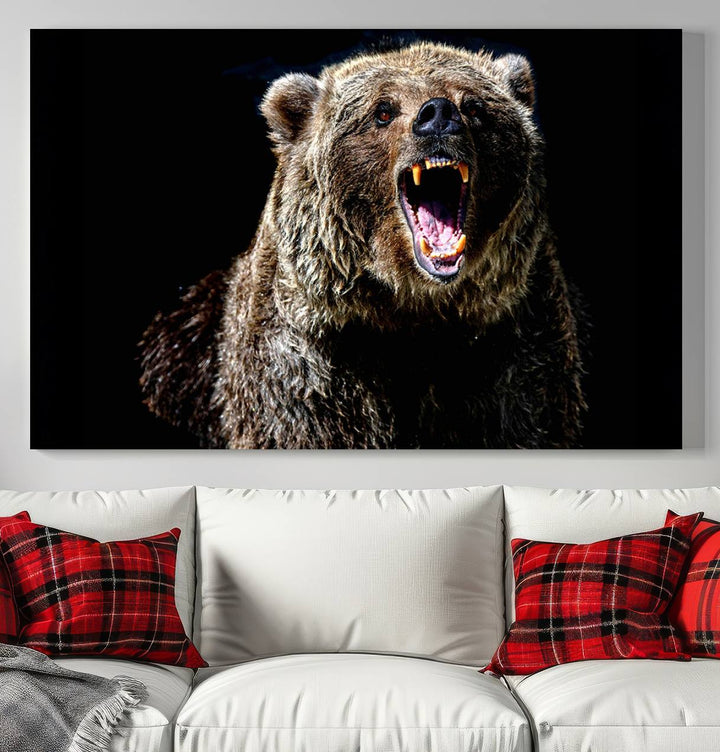 The Grizzly Bear Canvas Print, featuring wildlife wall art on a black background, is ready to hang and is perfect for rustic cabin decor.