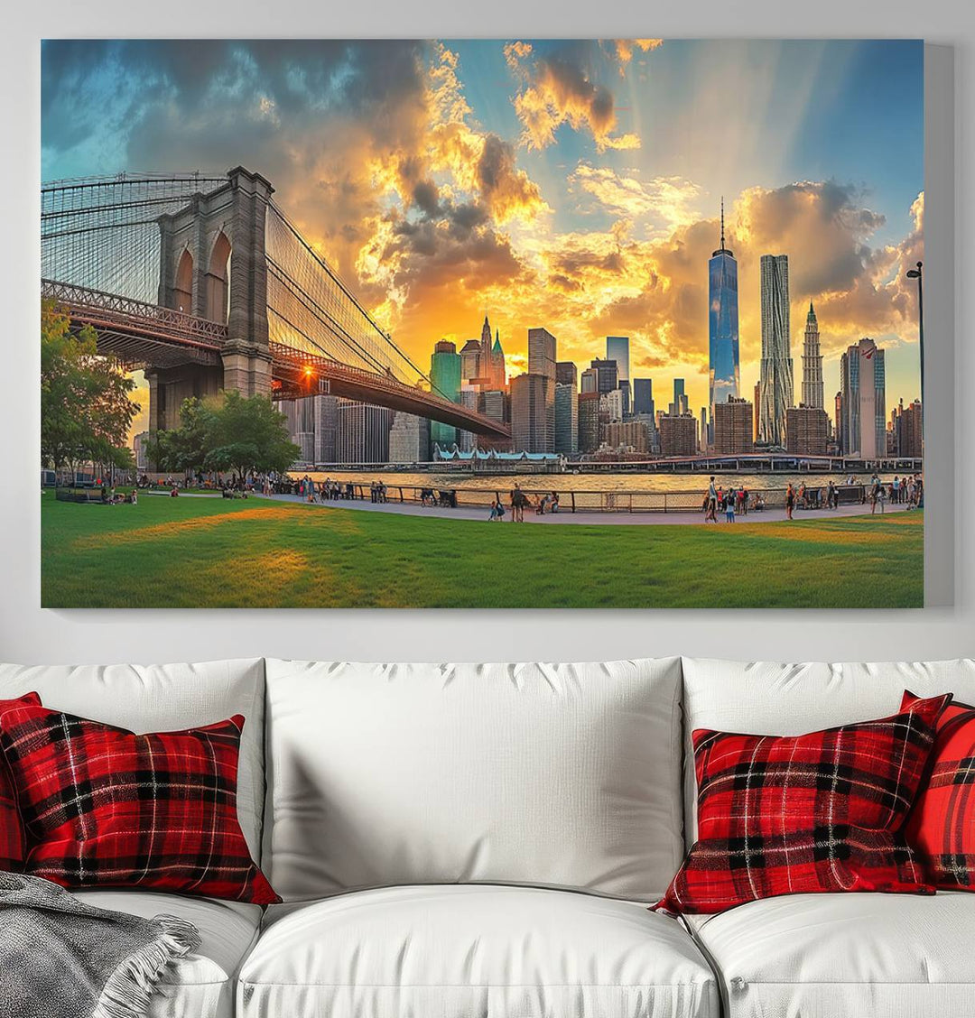 The "Brooklyn Bridge New York Skyline Wall Art" is a ready-to-hang framed canvas print that beautifully captures the cityscape at sunset, showcasing the iconic Brooklyn Bridge and majestic skyscrapers.