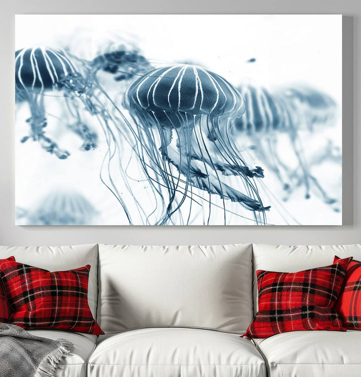 The Abstract Jellyfish Wall Art Canvas Print, a three-panel piece featuring high-resolution printing, hangs elegantly in the room, adding vibrant detail to the space.