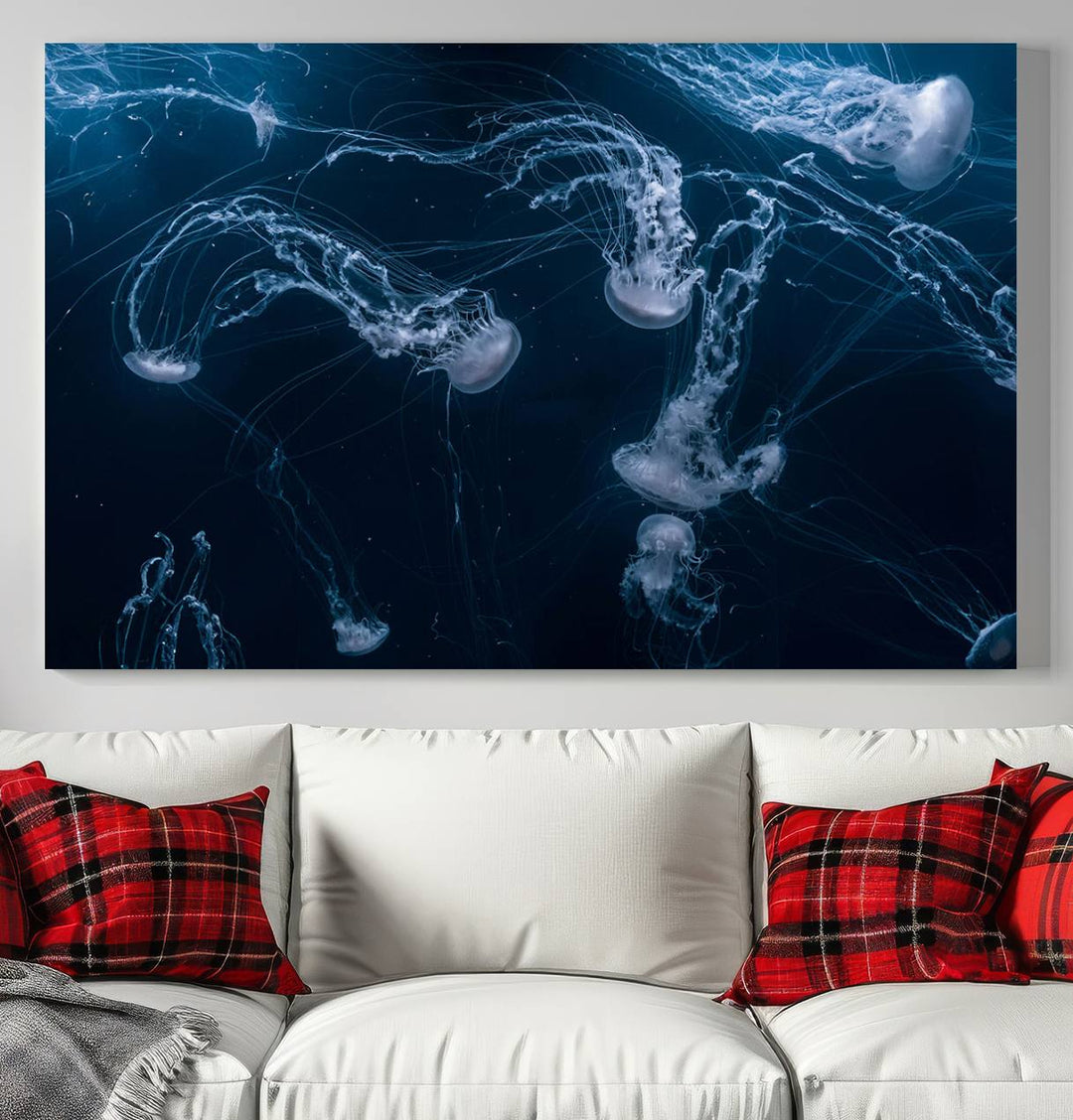 Room with modern decor, featuring the Abstract Jellyfish in Ocean Wall Art Canvas Print on museum-quality canvas.